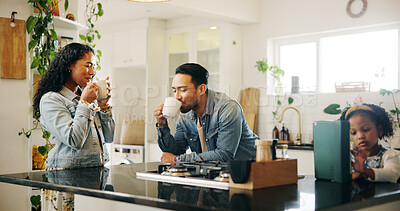 Buy stock photo Family, smile and drinking coffee in home with child, communication and conversation in kitchen. Man, woman and daughter with tablet in house for gossip, support or breakfast discussion with mug