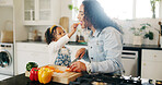 Vegetables, cooking and mom with child in kitchen for healthy eating, wellness and nutrition in home. Family, food and mother and girl help with organic ingredients for lunch, dinner and meal prep