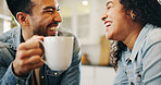 Couple, laughing and drinking coffee with smile in home for gossip, happy and funny conversation in kitchen. Man, woman and bonding with beverage in house for support and relax with comic morning