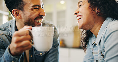 Buy stock photo Couple, laughing and drinking coffee with smile in home for gossip, happy and funny conversation in kitchen. Man, woman and bonding with beverage in house for support and relax with comic morning