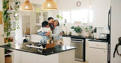 Buy stock photo Hug, family and laughing in home, bonding and happy for joke in new apartment, parents and daughter. House, man and woman with love for child, funny and embrace for affection in kitchen or together