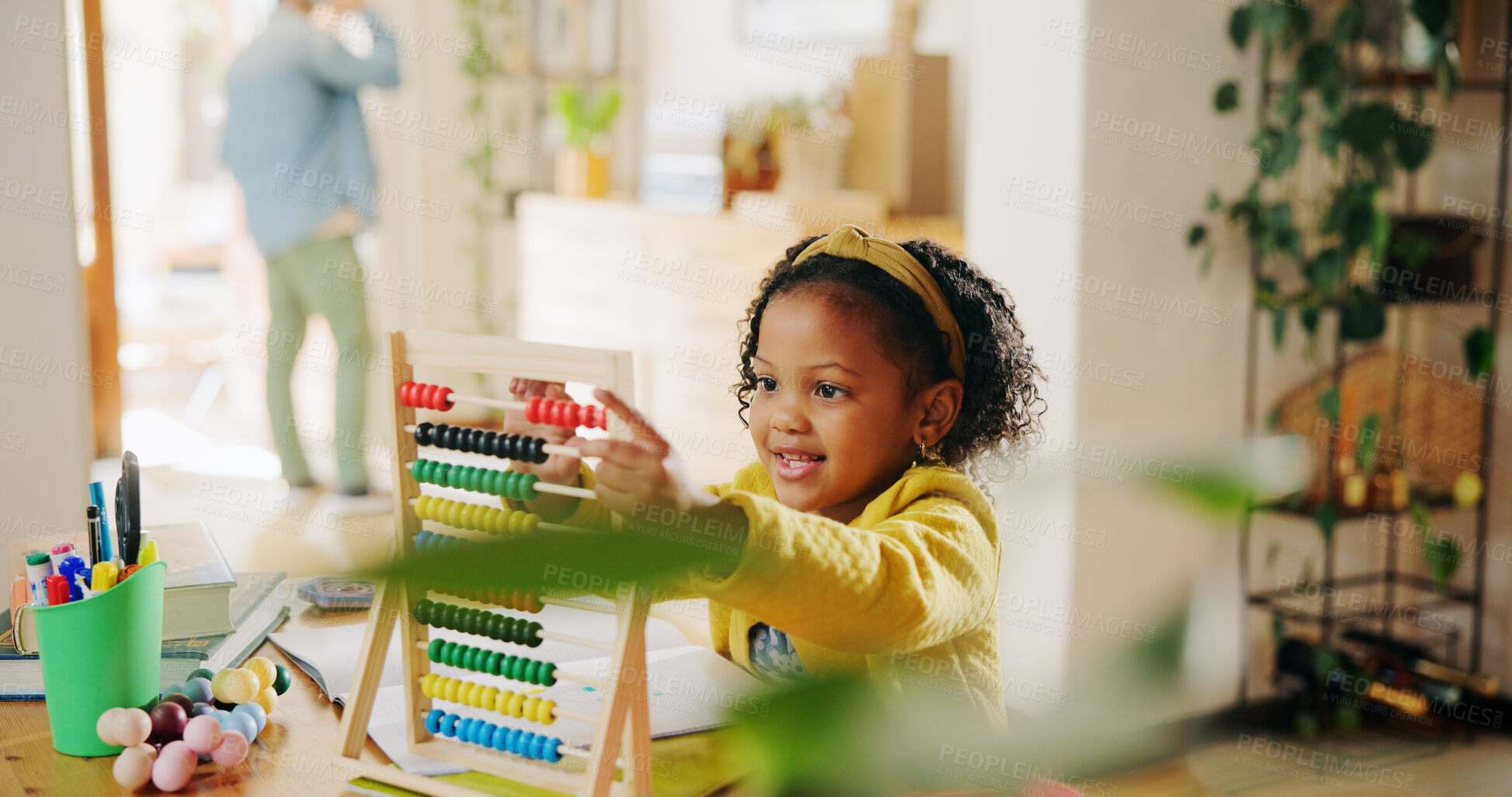 Buy stock photo Home, learning and child with abacus, education and visual spatial skills with colorful beads or smile. Girl, growth and development of problem solving ability, numeracy or counting for math homework