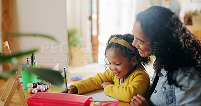 Buy stock photo Home, writing and child with mom, education and helping with homework in apartment, bonding or smile. House, woman and daughter with notebook for assignment, maths and happy for growth or development