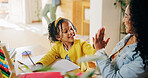 High five, mom and child in home, studying and celebration for education with abacus, happy and smile. House, student and gesture with woman for finished homework, growth and development with maths
