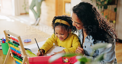 Buy stock photo Happy, mom and helping child with homework, writing and smile for assignment, growth and development. House, woman and bonding with daughter with notebook, education or knowledge for girl with abacus