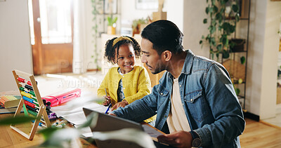 Buy stock photo Father, child and help with homework in home for maths and remote work with teaching and education. Man, girl kid and happy for support of freelancer with homeschool lesson or tutoring in house