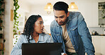 Couple, laptop and discussion with bills for finance, review and planning with taxes in home kitchen. Computer, man and woman with talk for budget, debt and asset management for mortgage payment