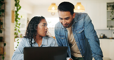 Buy stock photo Couple, laptop and discussion with bills for finance, review and planning with taxes in home kitchen. Computer, man and woman with talk for budget, debt and asset management for mortgage payment