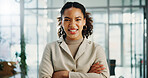 Portrait, business and woman in office, arms crossed or smile with financial advisor, trading expert or pride. Person, consultant or employee in workplace, career ambition or confidence with break
