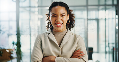 Buy stock photo Portrait, business and woman in office, arms crossed or smile with financial advisor, trading expert or pride. Person, consultant or employee in workplace, career ambition or confidence with break