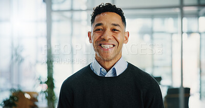 Buy stock photo Business man, smile and portrait at office with pride, confident and career at financial agency. Person, professional accountant and happy with job, excited and corporate company in Costa Rica