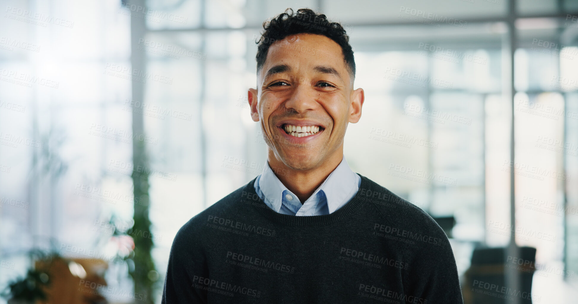 Buy stock photo Business man, smile and portrait at office with pride, confident and career at financial agency. Person, professional accountant and happy with job, excited and corporate company in Costa Rica