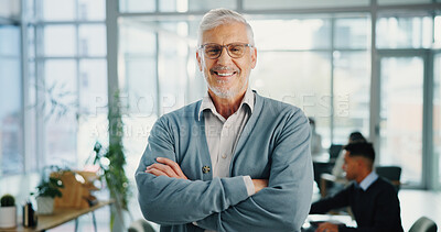 Buy stock photo Portrait, business or man in workplace, arms crossed or smile with financial advisor, accounting or expert. Mature person, consultant or employee in office, career ambition or CEO for trading company