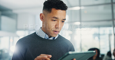 Buy stock photo Business man, tablet and typing at meeting for notes, agenda or review for deal at company. Person, digital touchscreen and insight with application for research, info and feedback at finance agency
