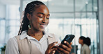 Business woman, phone and happy at meeting, texting and scroll with notification for deal at company. Person, smartphone and smile with mobile app for contact, lead or proposal at financial agency