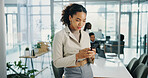Woman, phone and texting at meeting in office with contact, review and check notification at finance agency. Person, click and smartphone with mobile app, typing and social media on break at company