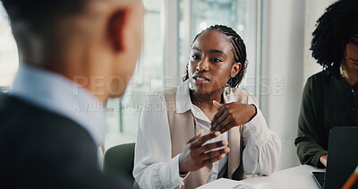Buy stock photo Feedback, talking or businesswoman in meeting for teamwork, collaboration and investment. Coworking, people or financial advisors planning in office for project, budget growth and risk management