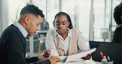 Buy stock photo Feedback, meeting or business people with portfolio for teamwork, collaboration or investment. Coworking, documents or financial advisors talking for project plan, budget growth or risk management