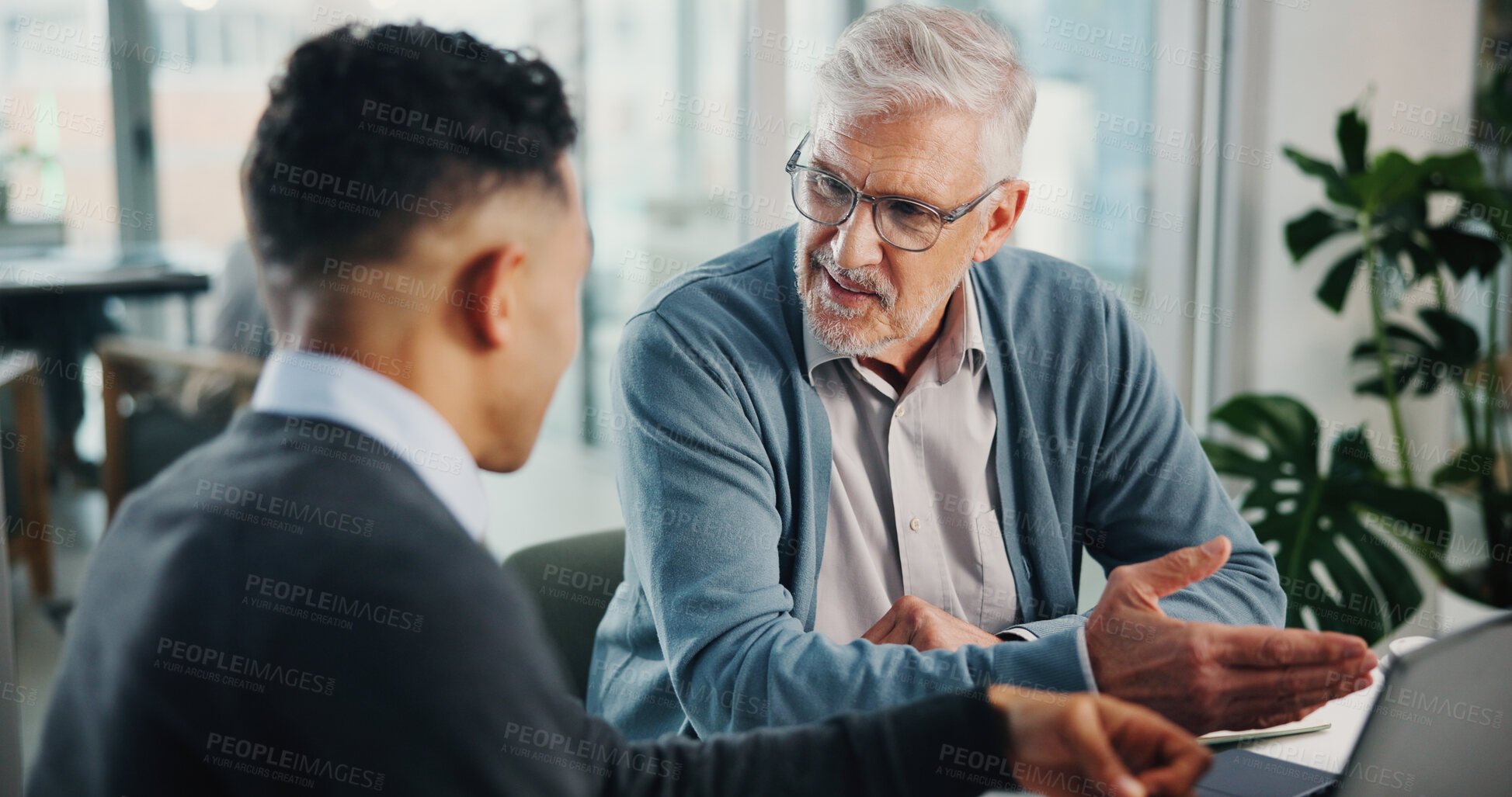 Buy stock photo Question, senior man or financial advisor talking with laptop, retirement fund or pension info in conversation. Elderly client, office and people in meeting planning for future, advice or consulting
