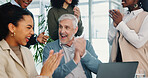 Laptop, excited business people or applause for achievement, milestone or celebrate financial profit. Team manager, happy or clapping for success, good news or well done for investment goal in office