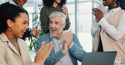Buy stock photo Laptop, excited business people or applause for achievement, milestone or celebrate financial profit. Team manager, happy or clapping for success, good news or well done for investment goal in office