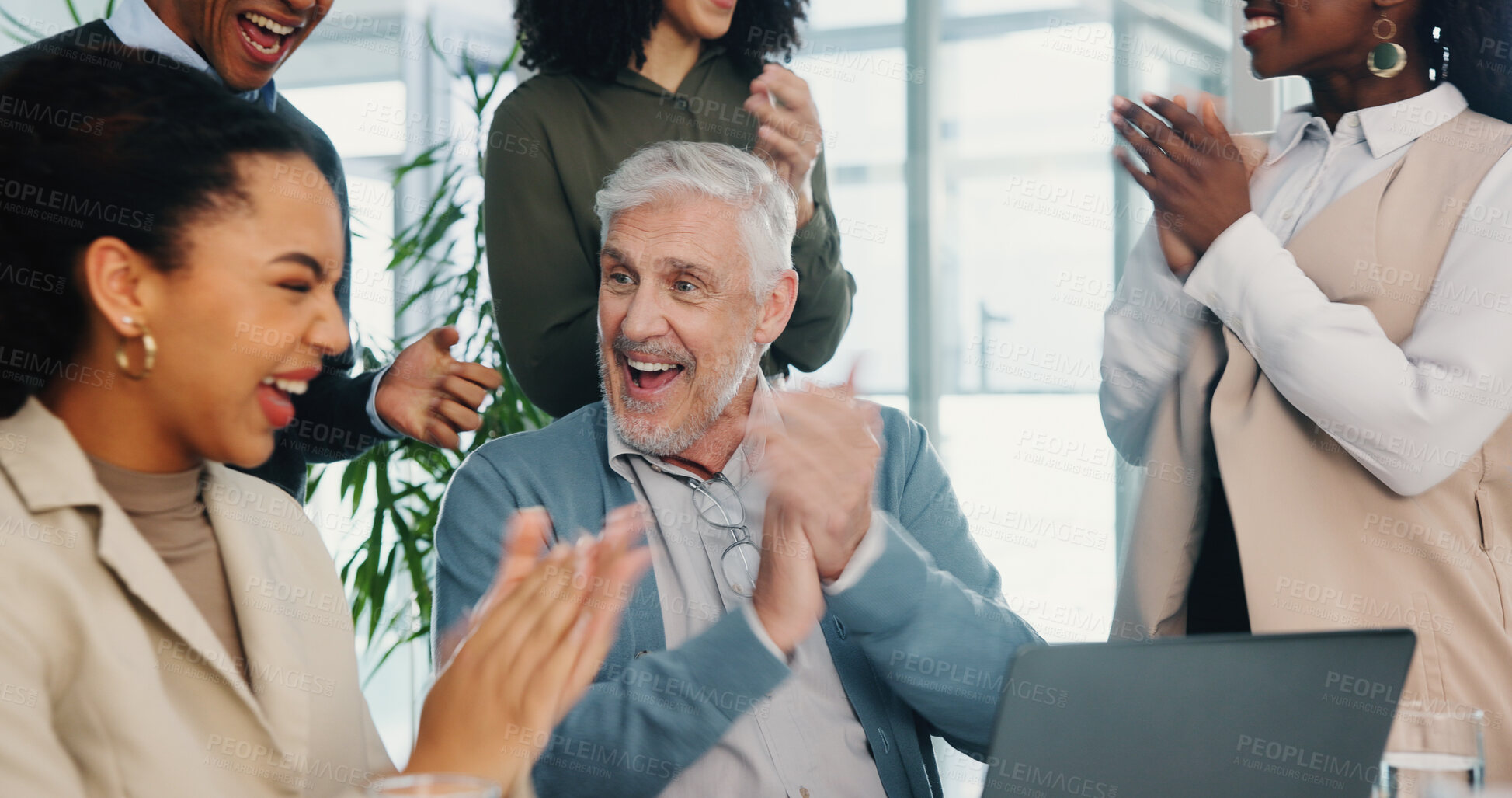 Buy stock photo Laptop, excited business people or applause for achievement, milestone or celebrate financial profit. Team manager, happy or clapping for success, good news or well done for investment goal in office