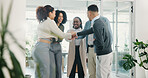 Hands, stack and business people in office, teamwork and support with company growth. Employees, consultant and group in workplace, gesture and achievement with goals, diversity and celebration