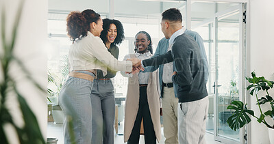 Buy stock photo Hands, stack and business people in office, teamwork and support with company growth. Employees, consultant and group in workplace, gesture and achievement with goals, diversity and celebration