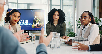 Buy stock photo Business people, discussion and sustainability at meeting with screen, listening and problem solving. Women, man and staff with planning for renewable energy, transition and eco friendly consulting