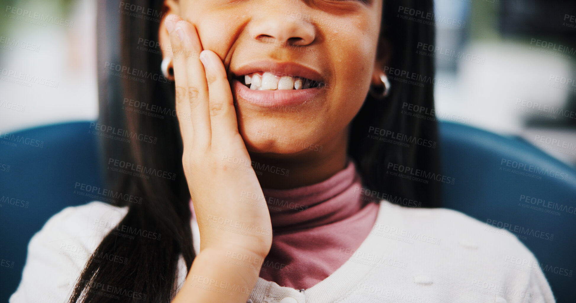 Buy stock photo Hands, child and toothache in dentist chair for oral assessment with cavity, pain and touch at clinic. Kid, patient and dental care services for teeth, mouth and extraction for wellness at hospital