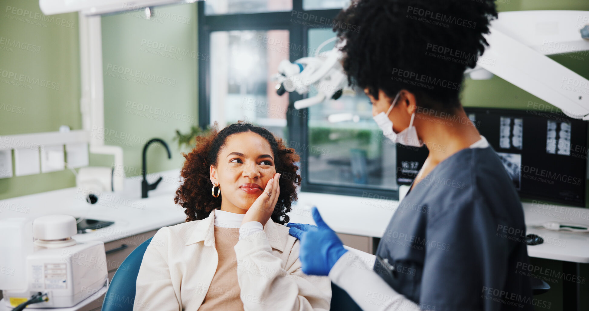Buy stock photo Woman, toothache or discussion with dentist for consultation, appointment or explain symptoms. Patient, orthodontist or advice in practice with pain, medical diagnosis or treatment for dental care