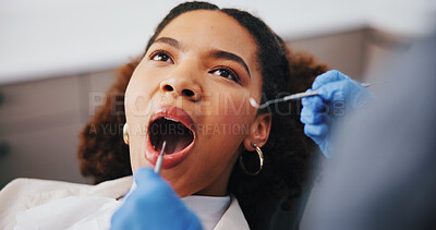 Buy stock photo Woman, dentist or tools in consultation for oral care, plaque removal or cavity inspection in mouth. Patient, orthodontist hands or dental examination in practice for cleaning, check gums or service