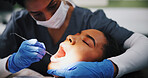 Medical, mouth and dentist with patient in office for appointment, checkup or hygiene. Healthcare, dental care and medicine professional in gloves for oral consulting of person at clinic or hospital