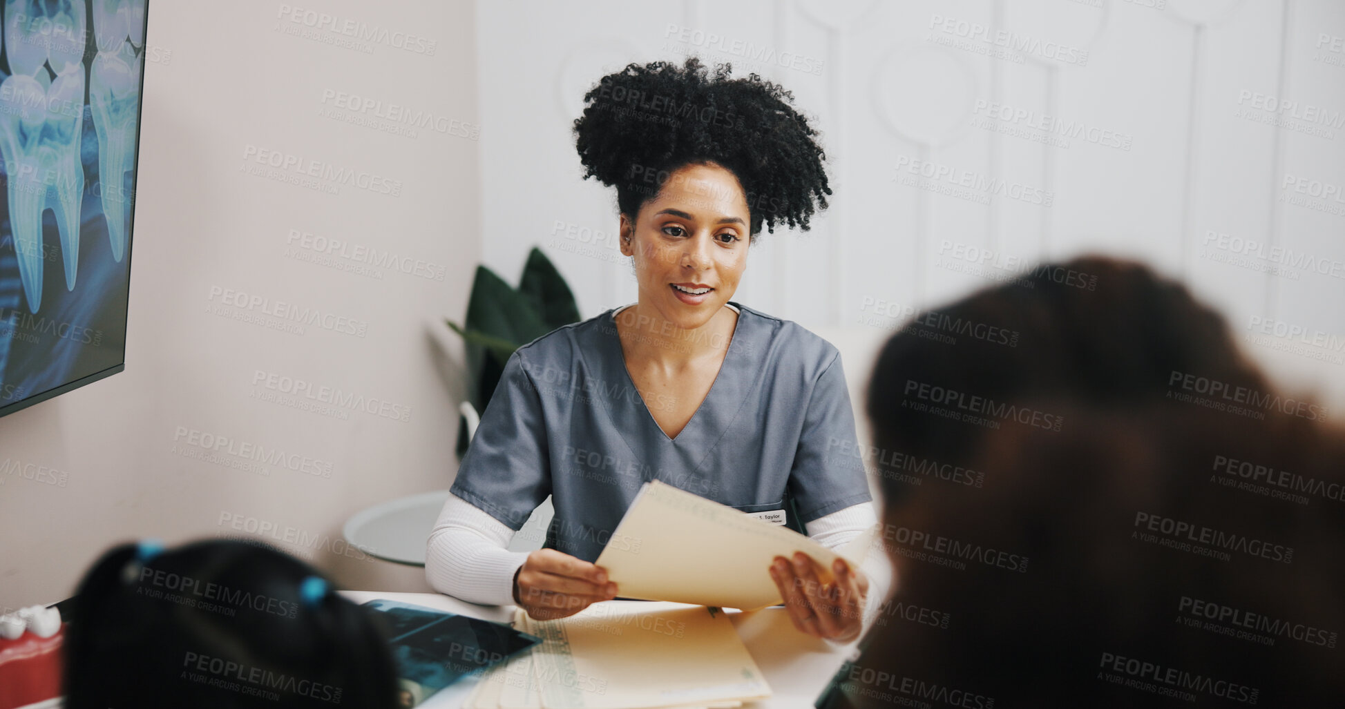 Buy stock photo Woman, doctor and talking to patient with paperwork for medical results for advice in healthcare consultation. Clinic, person and family pediatrician with document for diagnosis or feedback in office