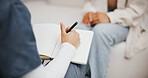 Psychologist, writing and patient with anxiety, appointment and help for sharing of trauma and counselling. Psychology, therapist and notes for evaluation in clinic, people and consultation for grief