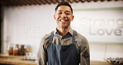 Buy stock photo Restaurant, man and worker in portrait for hospitality, customer service and confidence for industry. Pub, male person and waiter with happiness for small business, entrepreneur and owner with pride
