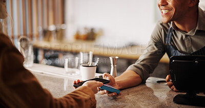 Buy stock photo Restaurant, hands and machine with smartphone for payment, contactless transaction and smile. Coffee shop, cashier and customer with terminal for mobile, purchase and finance for hospitality service