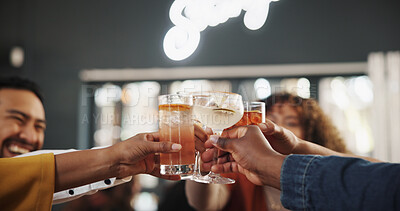 Buy stock photo Restaurant, cocktails and friends cheers with drink for social gathering, event and party. Bar, toast and group of men and women with alcoholic beverage for holiday, celebration and weekend fun