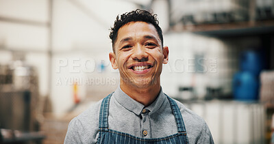 Buy stock photo Portrait, small business and smile of man in distillery for fermentation or production of beer. Apron, factory and manufacturing with happy brewer at industrial plant for alcohol bottling process