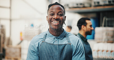 Buy stock photo Distillery, smile and portrait of man in factory for alcohol production, manufacturing and distribution. Warehouse, industrial business and confident person for fermentation, bottling and brewery