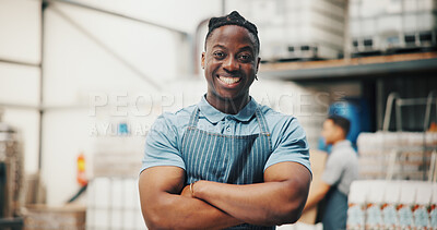 Buy stock photo Alcohol, crossed arms and portrait of man in distillery for production, manufacturing and distribution. Warehouse, brewery business and confident person for fermentation, bottling and packaging