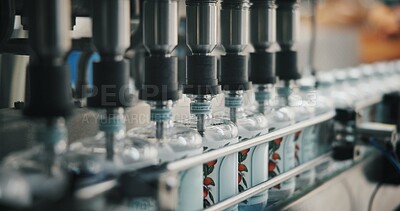 Buy stock photo Machine, bottles and alcohol at distillery for production, manufacturing or gin drink in warehouse. Factory, packaging or beverage with equipment for supply chain, logistics or liquor filling process