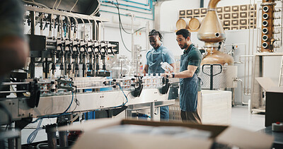 Buy stock photo Manufacturing, people and bottling on conveyor belt in distillery for alcohol production, packaging or distribution. Assembly line, team and quality control by machine for beverage storage in factory