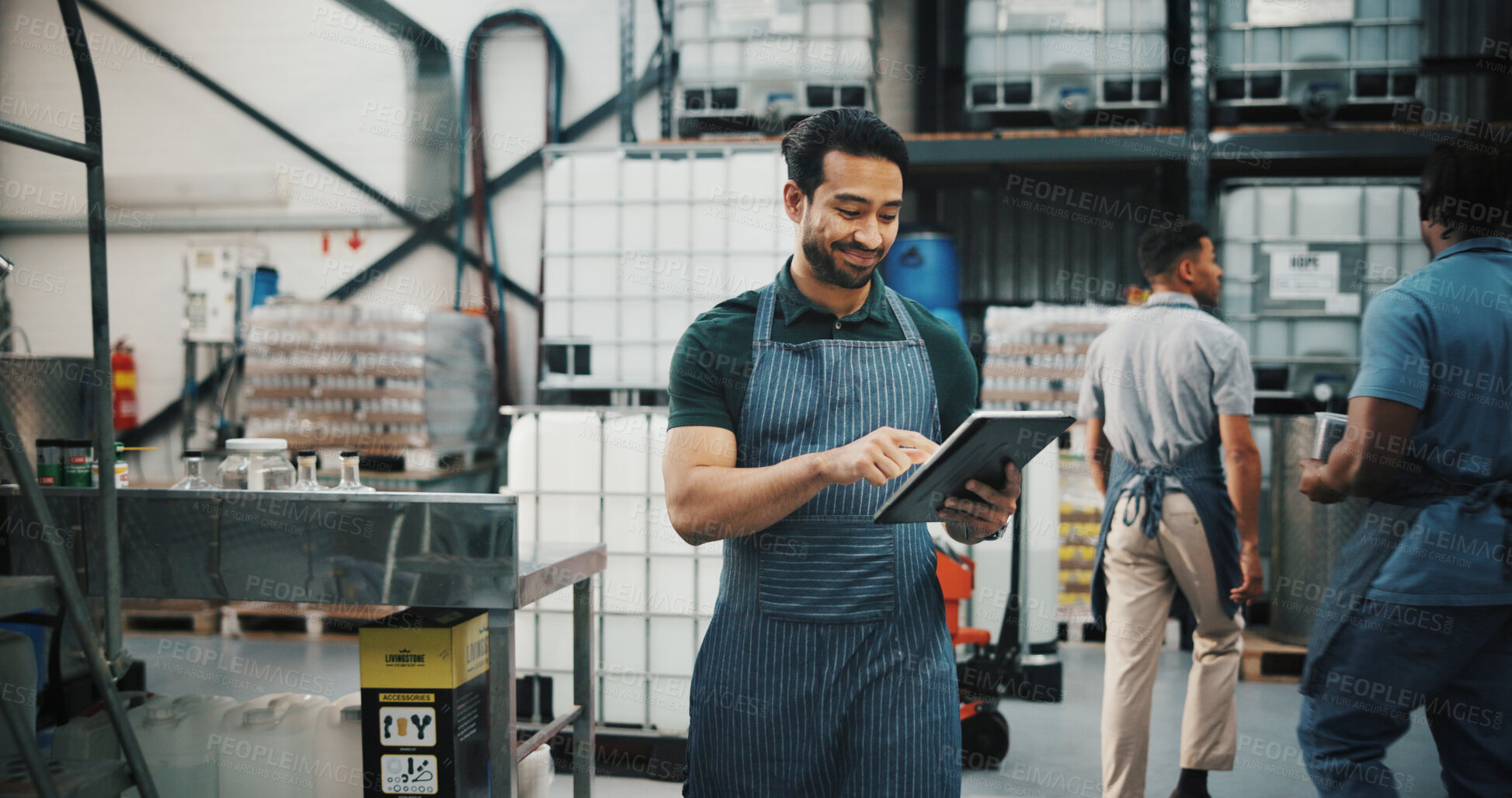 Buy stock photo Distillery, tablet and checklist with man in factory for packaging, drink production and bottle inspection. Manufacturing, inventory and distribution with person in warehouse for quality control
