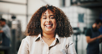 Buy stock photo Distillery, laugh and portrait of woman in factory for alcohol production, manufacturing and distribution. Warehouse, industrial business and confident person for fermentation, bottling and brewery