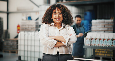 Buy stock photo Distillery, crossed arms and portrait of happy woman in factory for alcohol production, manufacturing and distribution. Warehouse, brewery and confident person for fermentation, bottling and storage