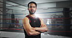Arms crossed, boxer and portrait of man in gym for mma fighter, workout and training practice. Wresting challenge, martial arts club and sports with person and boxing ring for exercise and battle
