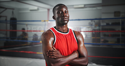 Buy stock photo Workout, boxer and arms crossed with black man in gym for MMA fighter, training or athlete practice. Wrestling, martial arts and sports with portrait of person at boxing ring for exercise and fitness