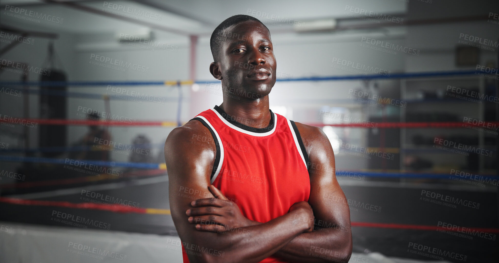 Buy stock photo Workout, boxer and arms crossed with black man in gym for MMA fighter, training or athlete practice. Wrestling, martial arts and sports with portrait of person at boxing ring for exercise and fitness