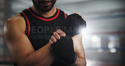Buy stock photo Hands, pain and boxer with man in gym for sports injury, mma risk or joint sprain. Wresting wound, first aid and emergency with closeup of person at wrestling ring for wrist inflammation and fracture